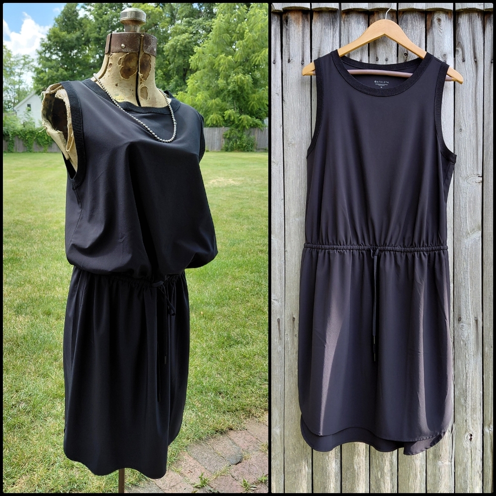 Athleta ultra casual drawstring black loose fit pullover tunic dress Womens M